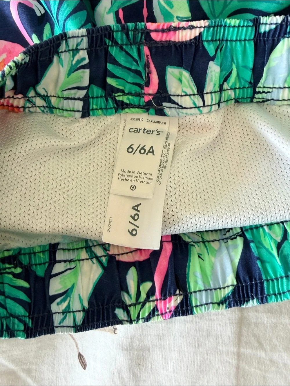 Carter's Navy Swim Shorts with Pink Flamingo & Green Leaves